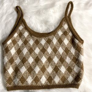 ZARA BRAND Argyle Sweater Crop Top. Medium Size. Brown and Cream Grandpa Print.